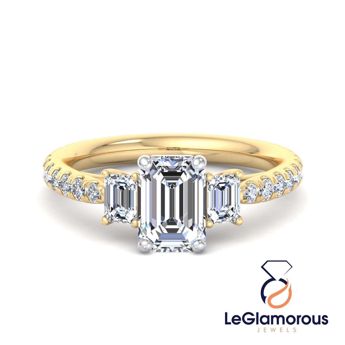 Emerald Cut Three Stone Pave Setting Engagement Ring For Wedding