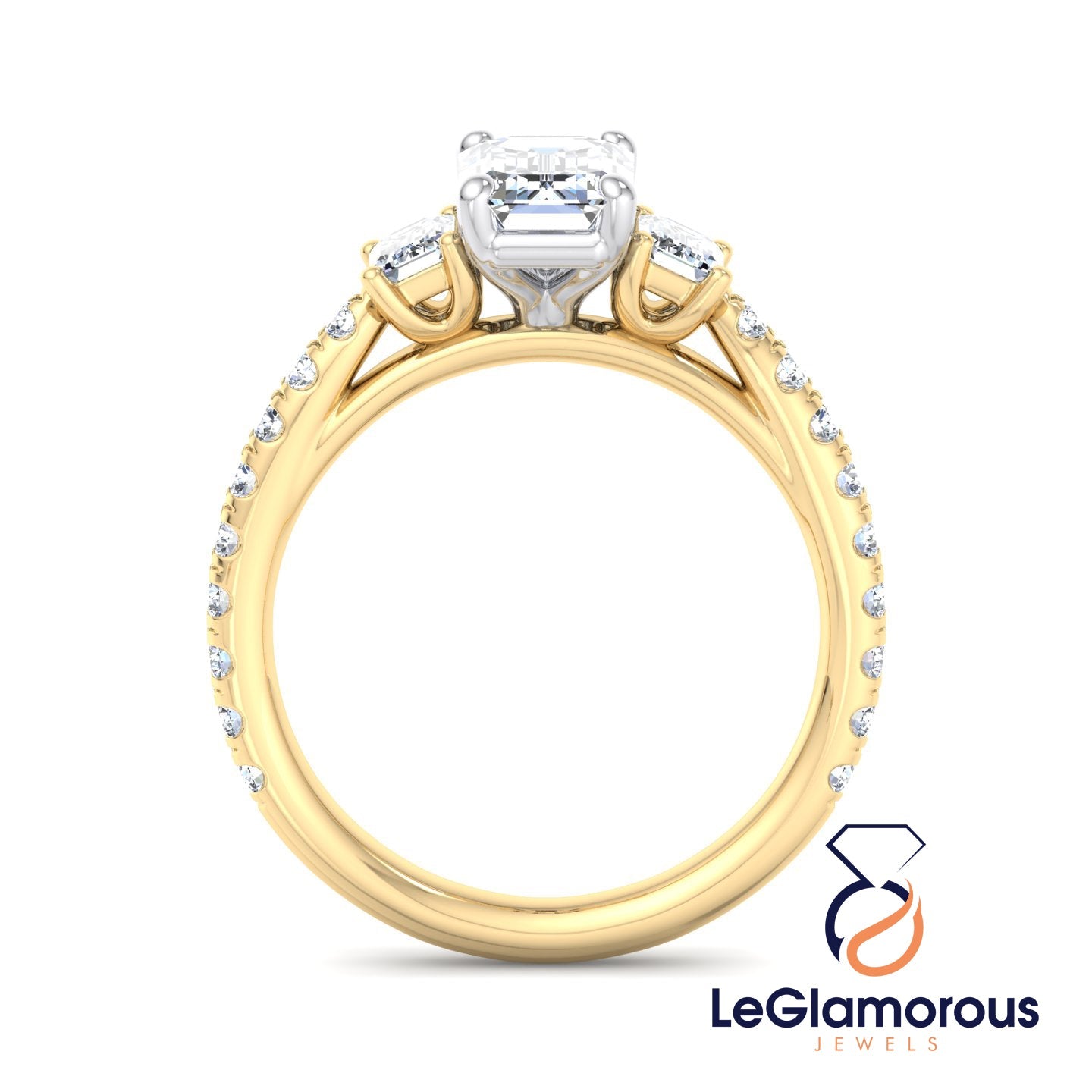 Emerald Cut Three Stone Pave Setting Engagement Ring For Wedding