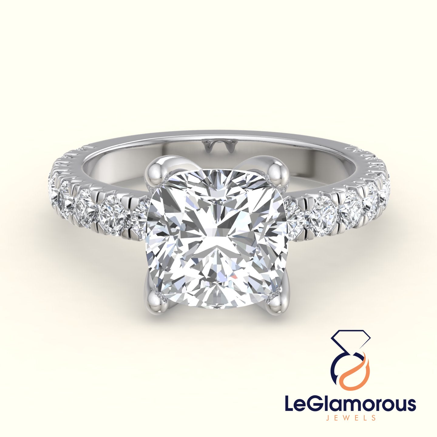 Squre Cushion Cut Lab Grown Diamond Pave Setting Engagement Ring For Her