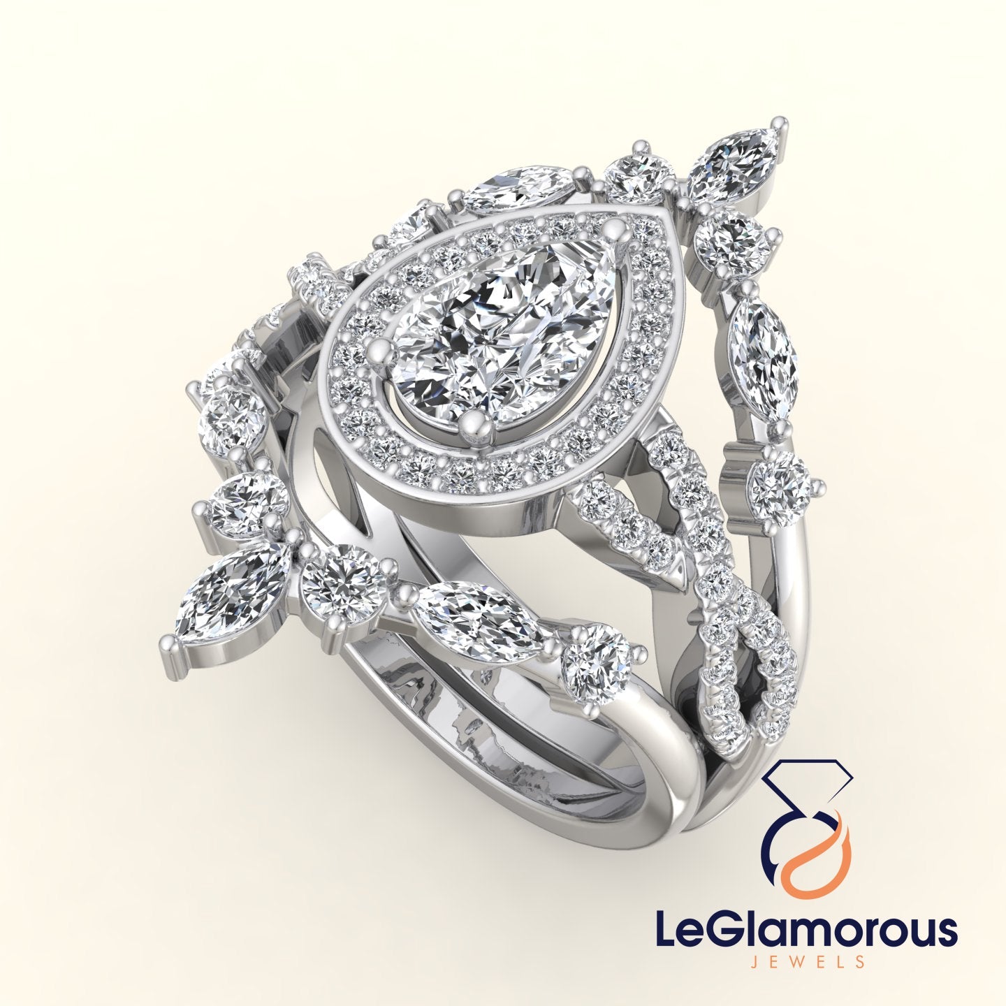 Pear Halo Lab Grown Bridal Sets Engagement Ring For Wedding Gift
