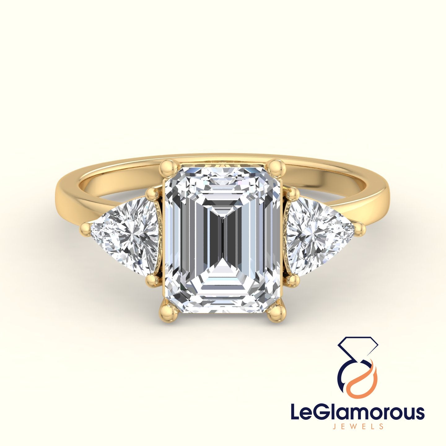 Lab Grown Emerald & Trilliant Cut Three Stone Engagement Ring For Wedding Gift