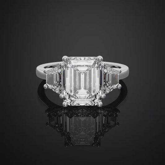 Lab Grown Emerald & Trapezoid Cut Three Stone Engagement Ring For Women