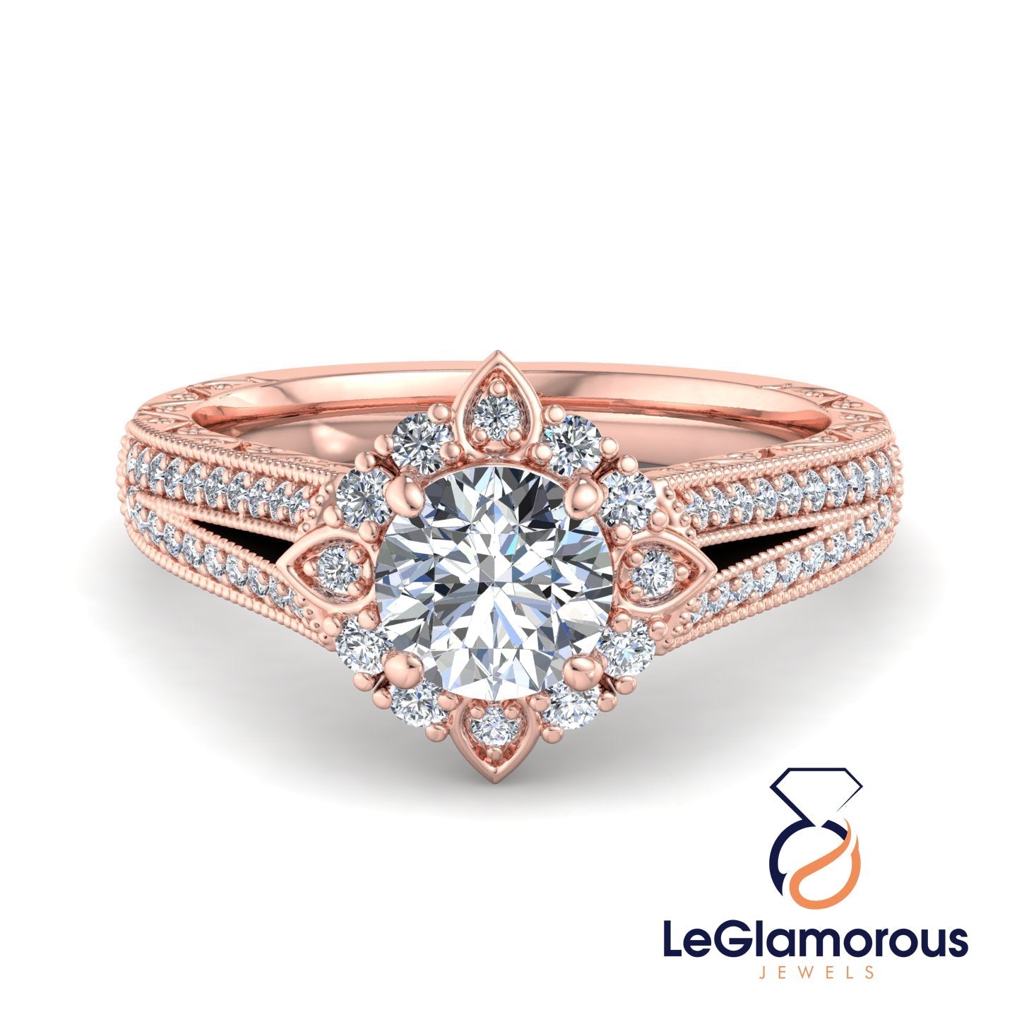 Flower Halo Doubel Bnad Vintage Round Cut Moissanite Diamond Engagement Ring For Anniversay