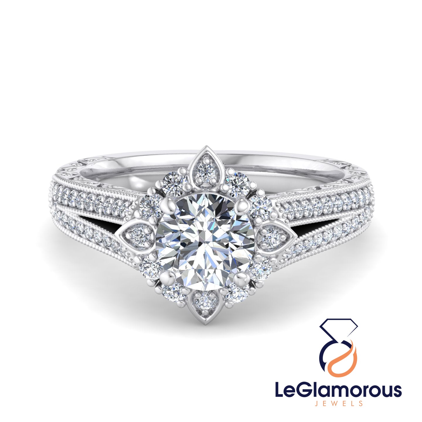 Flower Halo Doubel Bnad Vintage Round Cut Moissanite Diamond Engagement Ring For Anniversay