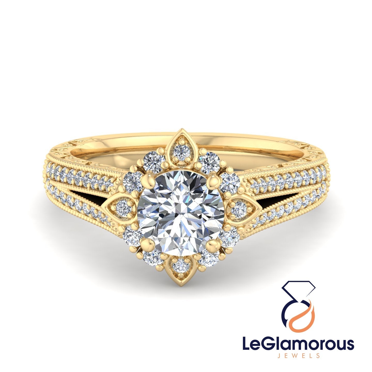 Flower Halo Doubel Bnad Vintage Round Cut Moissanite Diamond Engagement Ring For Anniversay