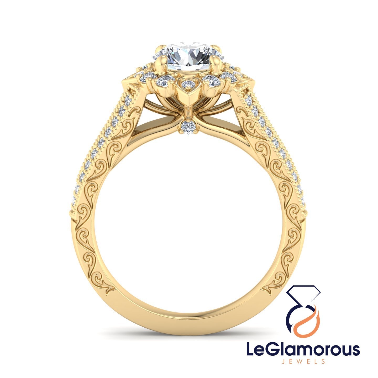 Flower Halo Doubel Bnad Vintage Round Cut Moissanite Diamond Engagement Ring For Anniversay