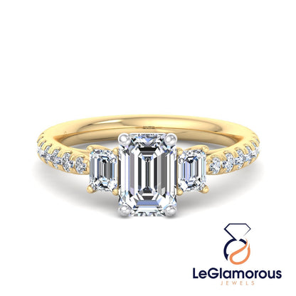 Moissanite Emerald Cut Three Stone Pave Setting Engagement Ring For Wedding