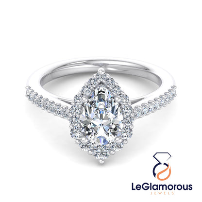 Pear Cut Halo Lab Grown Diamond Engagement Ring For Anniversary Gift