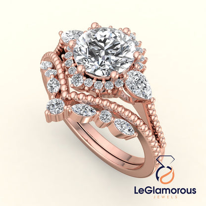 Round Halo Lab Grown Bridal Sets Engagement Ring For Wedding Gift