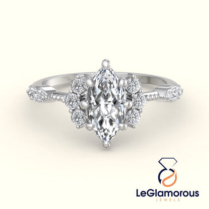 Vintage Engagement Ring, Marquise Cut Moissanite Diamond Ring