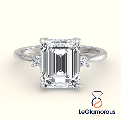 Emerald Cut Three Stone Moissanite Engagement Ring For Wedding Gift