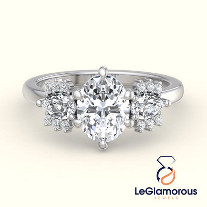 Oval & Pear Three Stone Lab Grown Diamond Engagement Ring For Anniversary Gift