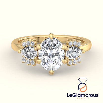 Oval & Pear Three Stone Lab Grown Diamond Engagement Ring For Anniversary Gift