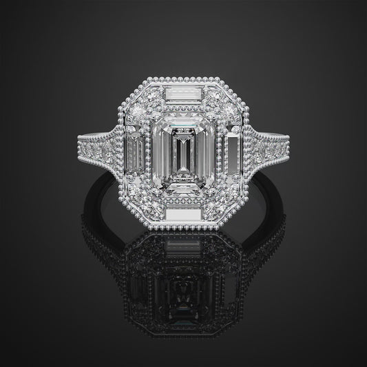 Emerald Cut Halo Lab Grown Diamond Engagement Ring For Anniversary Gift