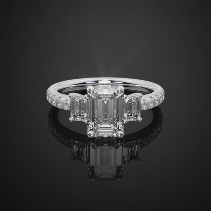 Moissanite Emerald Cut Three Stone Pave Setting Engagement Ring For Wedding