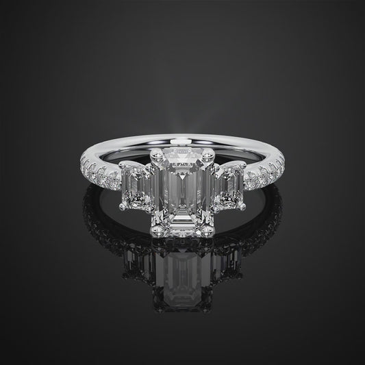 Emerald Cut Three Stone Pave Setting Engagement Ring For Wedding