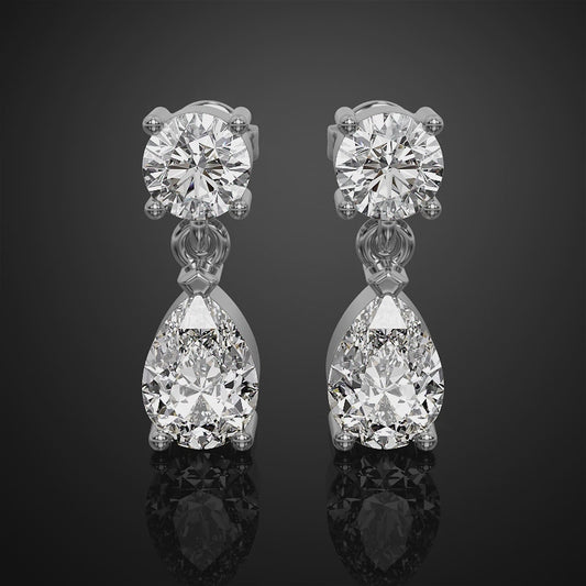 2.00 TCW Pear and Round Cut Lab Grown Diamond Earrings, Dangle Drop Earrings, EF/VS Lab Created Diamond Wedding Earrings