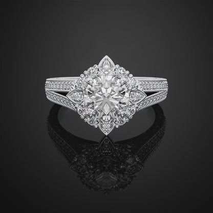 Flower Halo Doubel Bnad Vintage Round Cut Lab Grown Diamond Engagement Ring For Anniversay