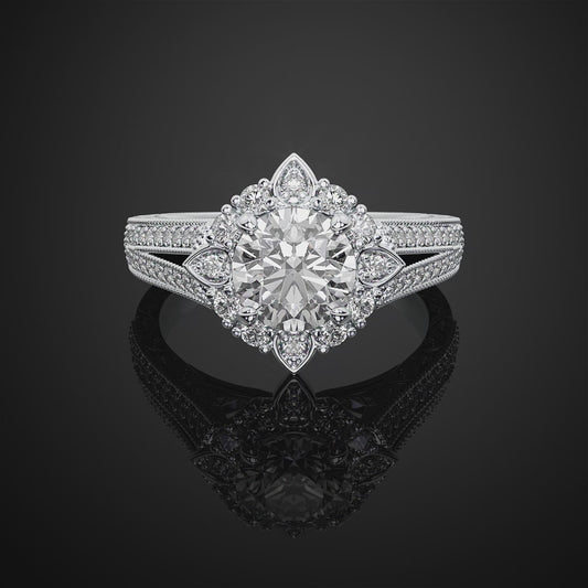 Flower Halo Doubel Bnad Vintage Round Cut Moissanite Diamond Engagement Ring For Anniversay